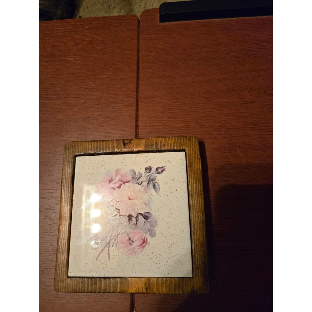 Vintage Floral Ceramic Tile Wood Framed Coasters Set of 2 Pink Roses Cottagecore